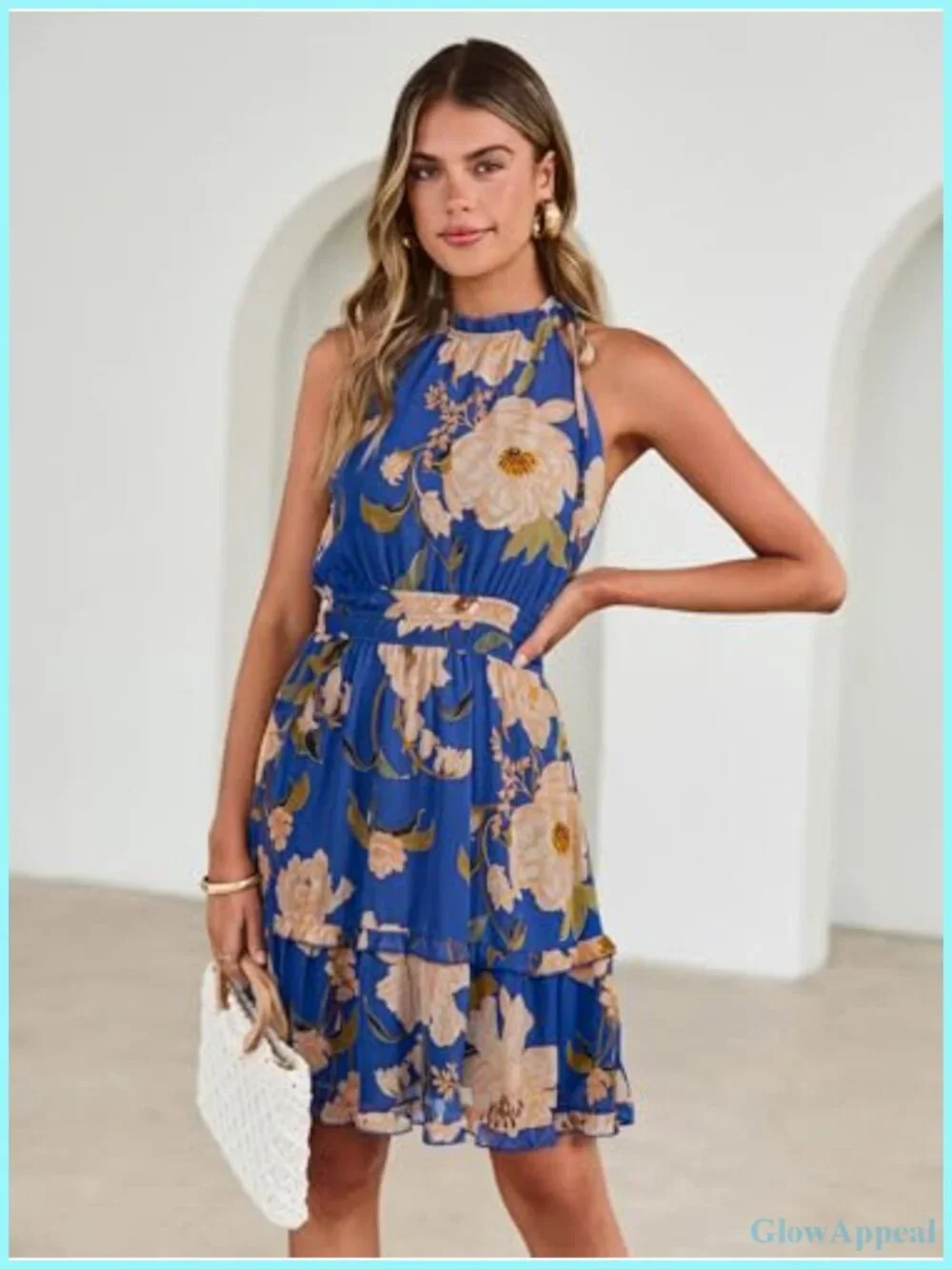 Floral Halter Neck A-Line Mini Sundress Sleeveless Tiered Boho Beach Vacation